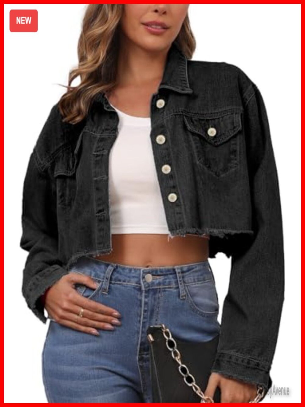 Cropped Denim Jacket Women Button Down Frayed Hem